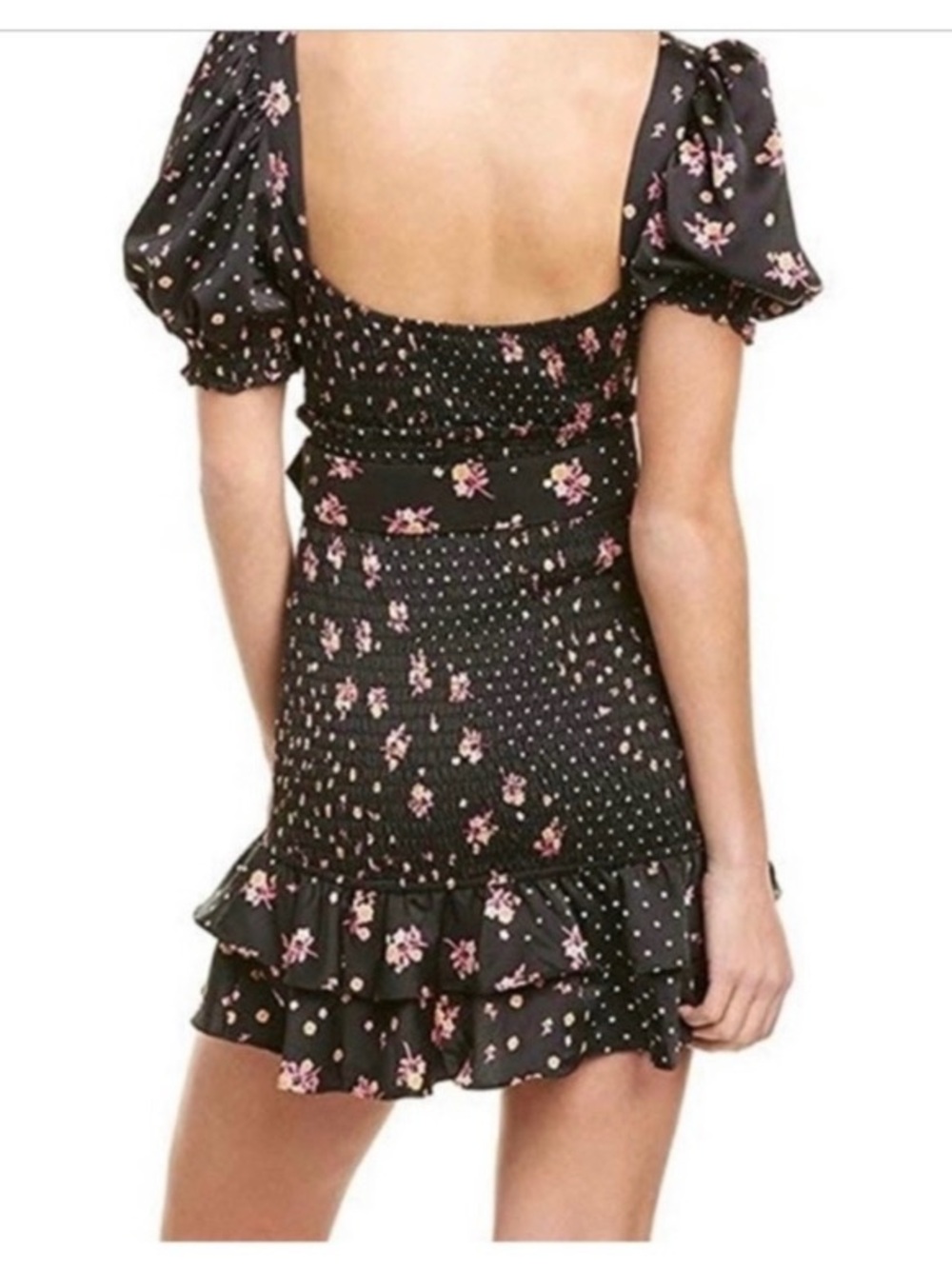 For Love & Lemons Black Mini Dress with Pink Floral and White Polka Dots - Picture 2 of 5